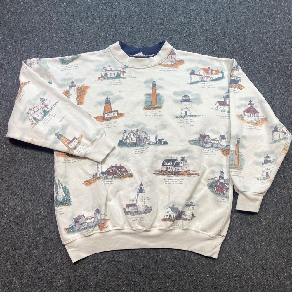Art Unlimited Maine Lighthouse Sweatshirt Sz L Men Cream Boho 90s All Over Print